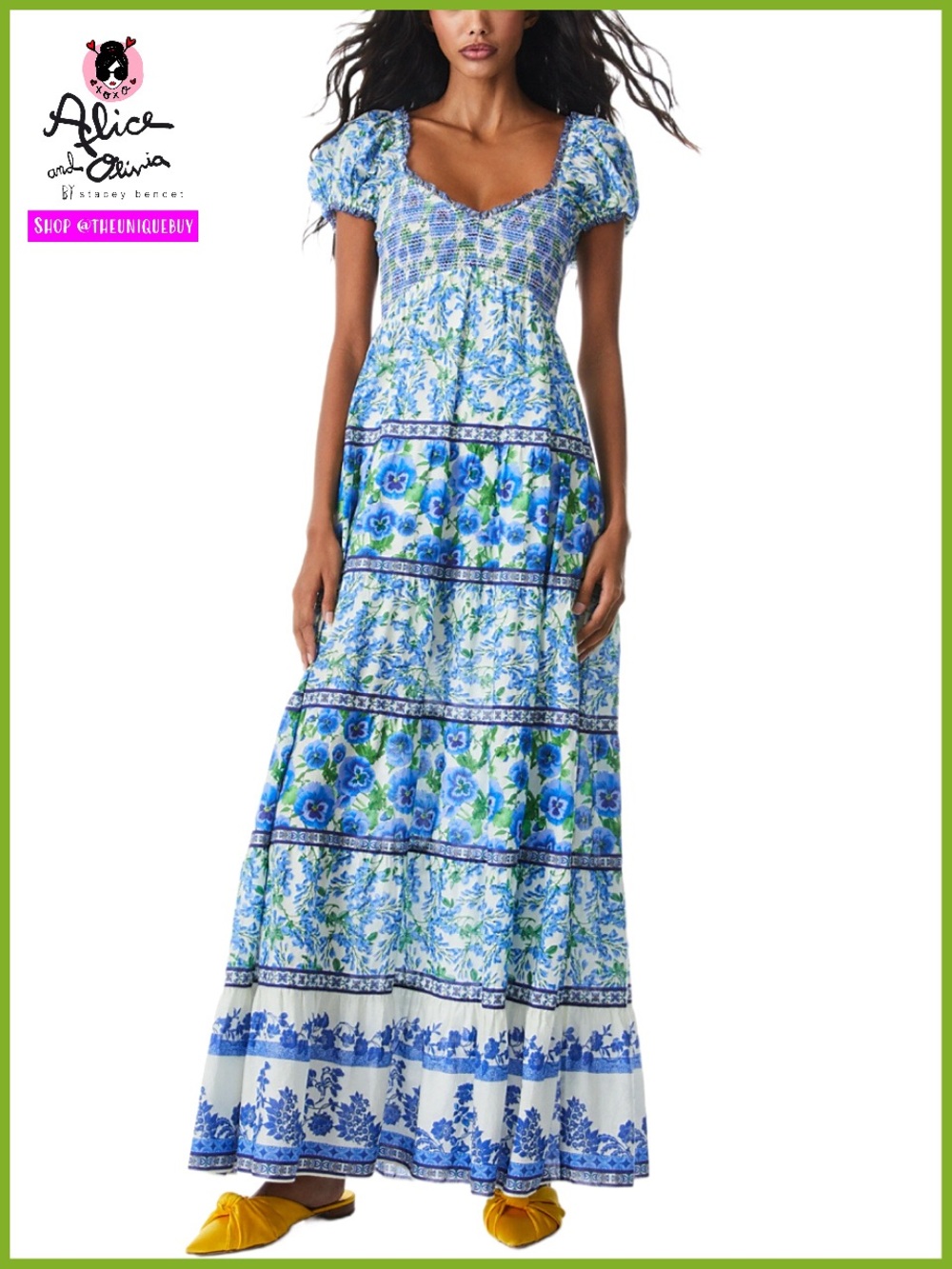 Alice + Olivia Rosalyn Floral Puff Sleeve Blue Maxi Dress - Picture 1 of 16